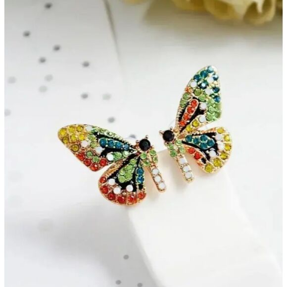 Split Colorful Rhinestone Butterfly Earrings One Wing Side on Each Ear - Picture 4 of 5